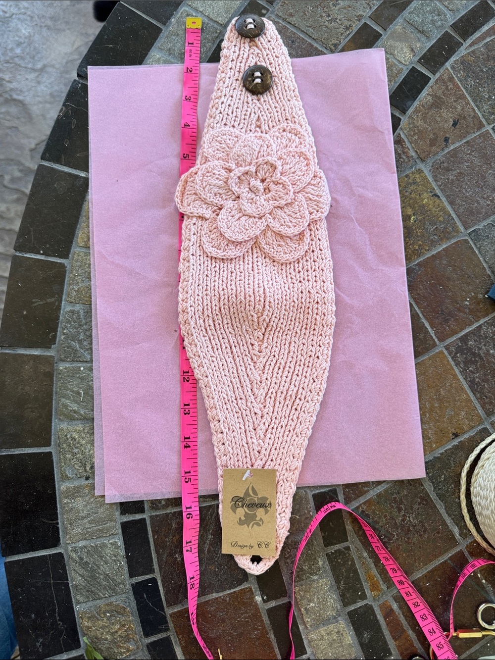Pink Knit Flower Headband with Buttons